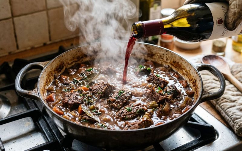 O ensopado de carne perfeito: 500 ml de vinho tinto e 2 litros de caldo no lugar da água.