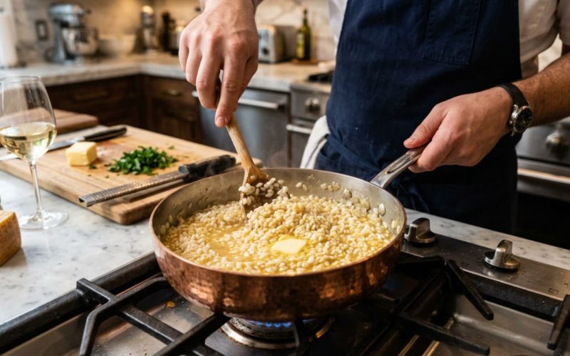 Segredo dos chefs italianos: O risoto ideal é preparado com manteiga, cebola e vinho branco.