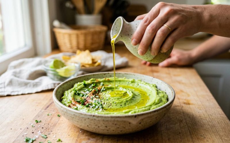 Mexicanos revelam o segredo do guacamole perfeito: um toque de azeite de oliva para cremosidade e sabor.