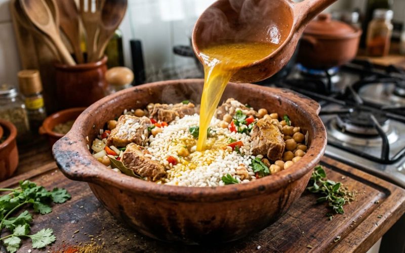 Héctor Medina revela os segredos do arroz assado: cozimento perfeito com caldo em proporções especiais.