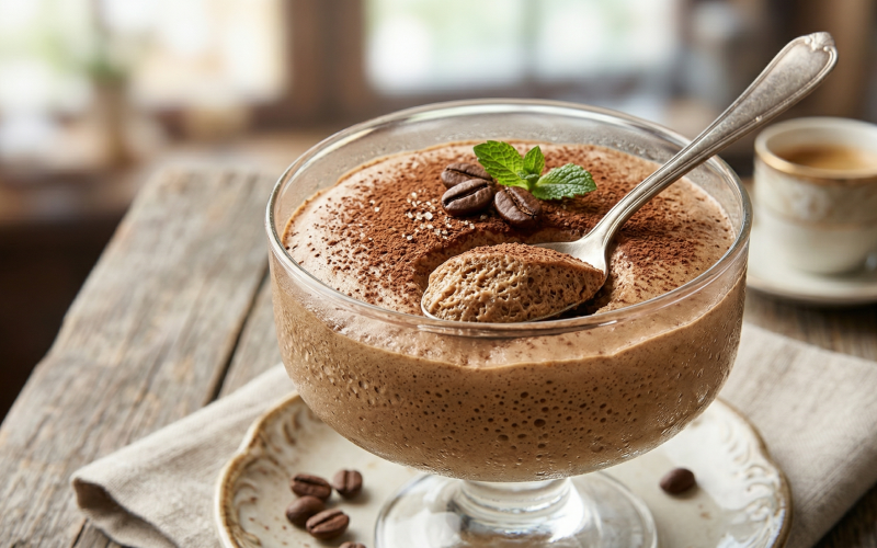 Saborosa sobremesa de café com textura cremosa, livre de gelatina