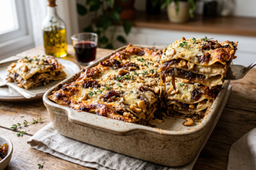 Delicie-se com a lasanha de cebola caramelizada e creme de castanhas: um prato irresistível e cheio de sabor!