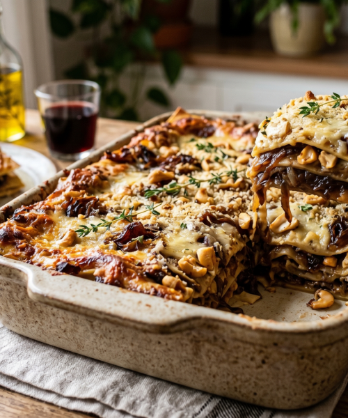 Delicie-se com a lasanha de cebola caramelizada e creme de castanhas: um prato irresistível e cheio de sabor!