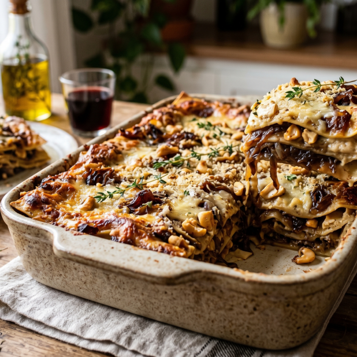 Delicie-se com a lasanha de cebola caramelizada e creme de castanhas: um prato irresistível e cheio de sabor!