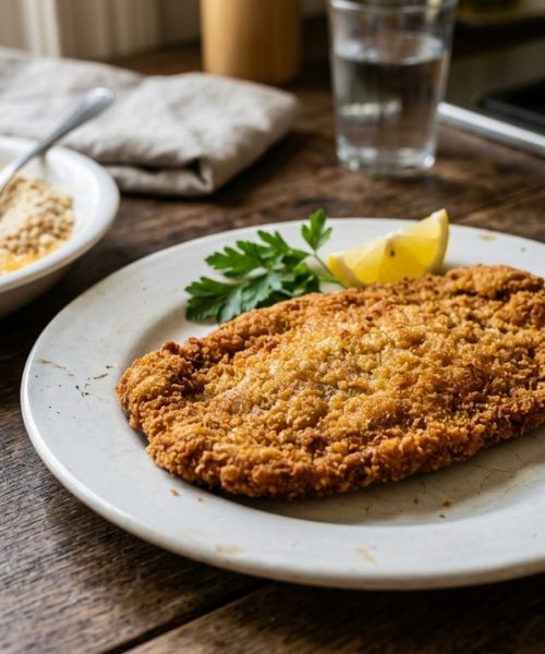Pepe Vieira revela o segredo da milanesa crocante: amido de milho, ovo e farinha de rosca substituem a farinha tradicional.