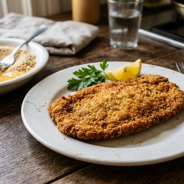 Pepe Vieira revela o segredo da milanesa crocante: amido de milho, ovo e farinha de rosca substituem a farinha tradicional.