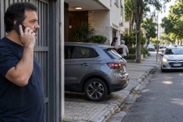 Carro do vizinho obstrui garagem mais uma vez, desrespeitando promessas de minutos rápidos.