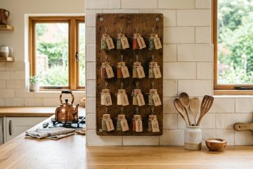 Crie um prático organizador de temperos com uma tábua compacta e ganchos decorativos