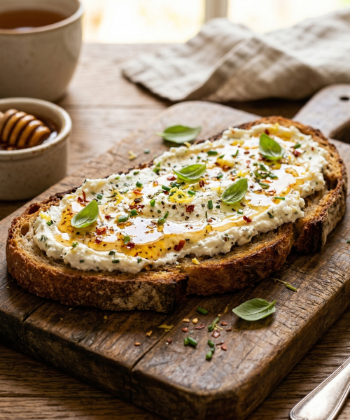 Descubra como preparar uma deliciosa torrada rústica com ricota aromática e mel picante