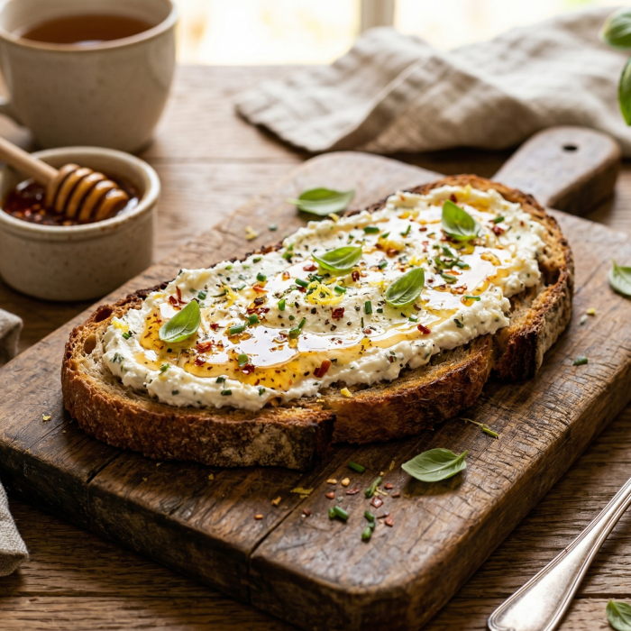 Descubra como preparar uma deliciosa torrada rústica com ricota aromática e mel picante